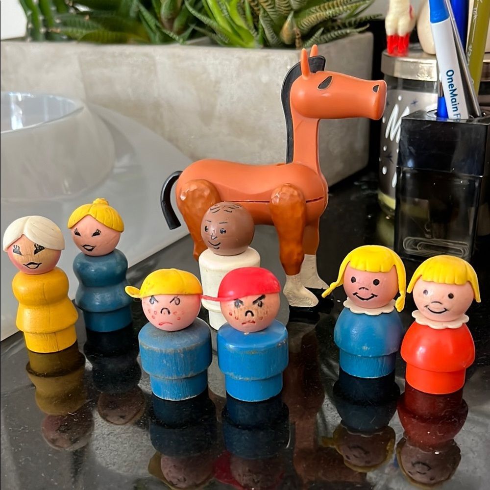 Vintage Wooden Action Figures 1970 fisher price people and horse